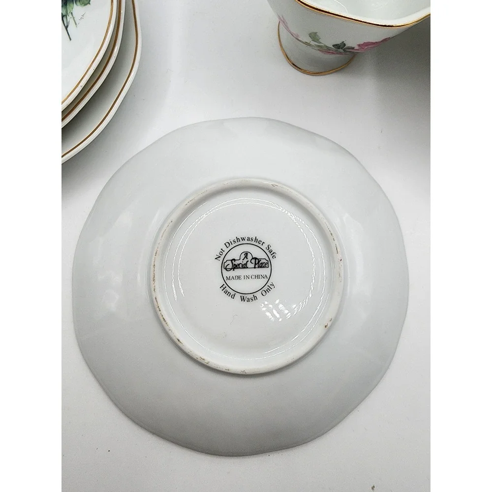A Special Place Pink Rose Floral Tea Cup and Saucer Set Gold Trim 10 Piece